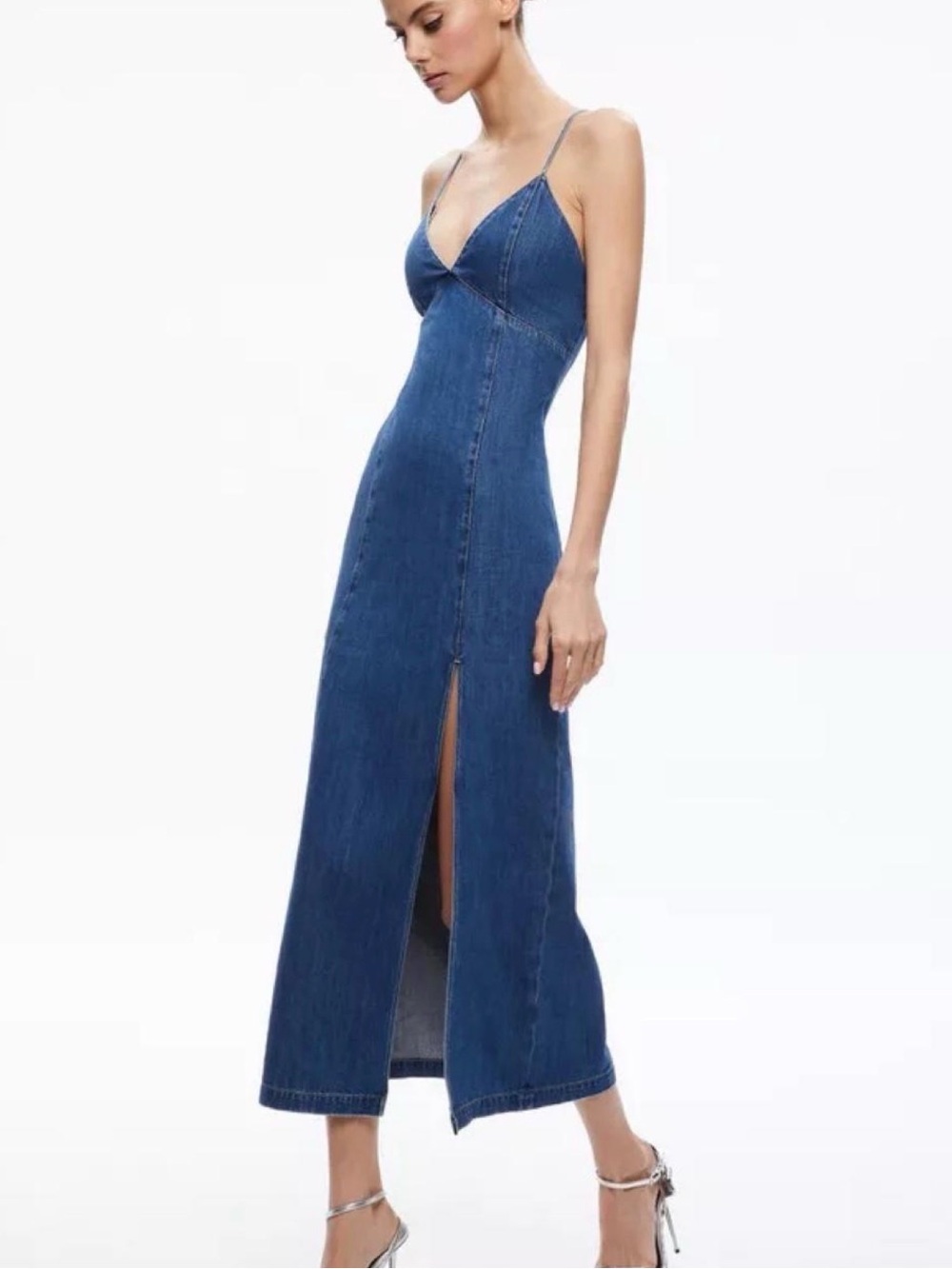 Alice + Olivia Blue Denim Maxi Slip Dress with Front Slit